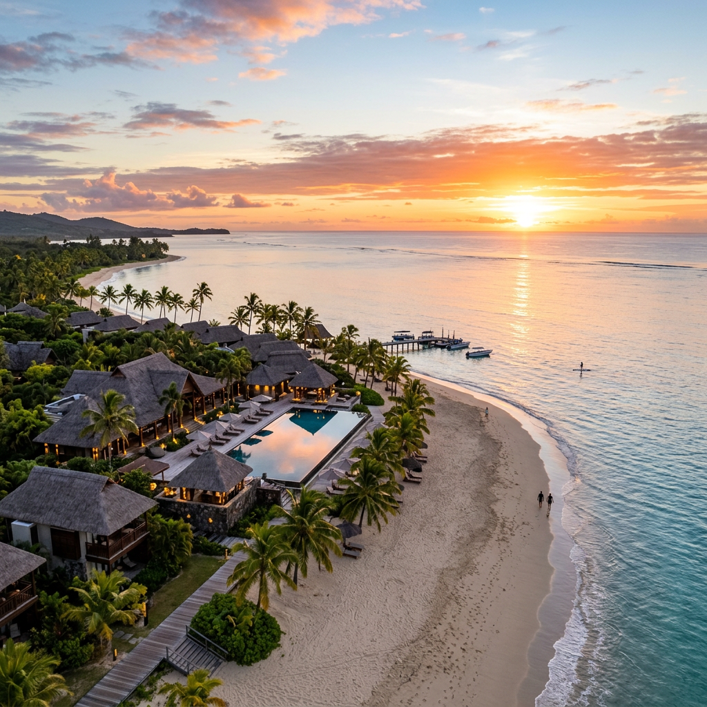 Tropical beach resort with pool, palm trees, and ocean at sunset
