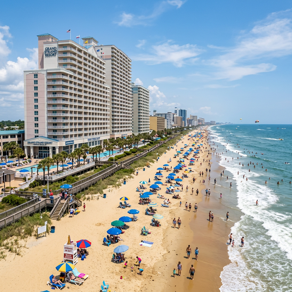 Busy sandy beach filled with people, colorful umbrellas, and a large resort building