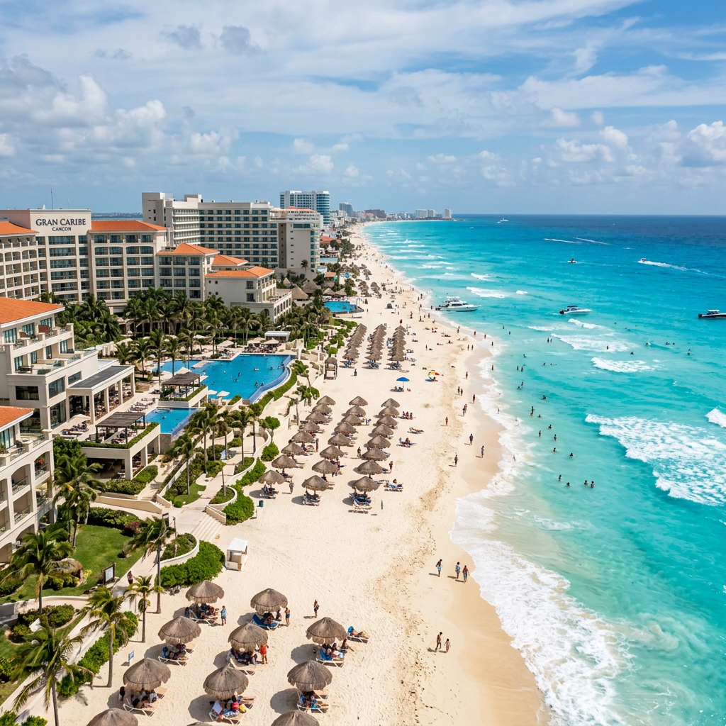 Aerial view of Cancun beach with hotels, umbrellas, people, and boats