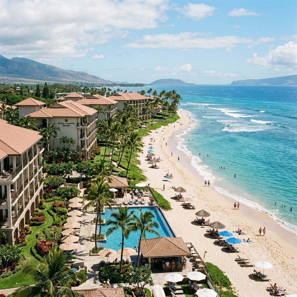Royal Lahaina Resort beachfront with swimming pool, palm trees, beach umbrellas, and ocean