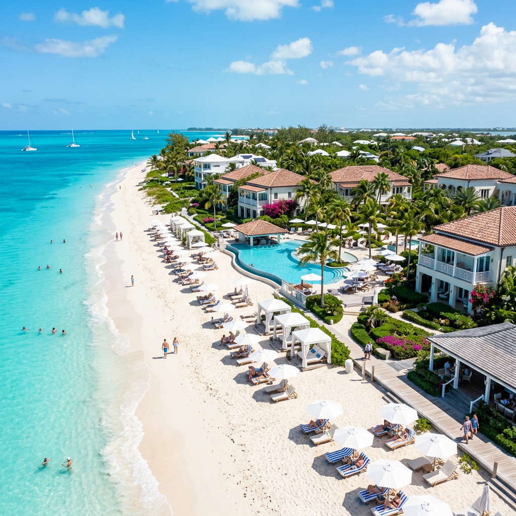 Beachfront resort with swimming pool, lounge chairs, and turquoise ocean
