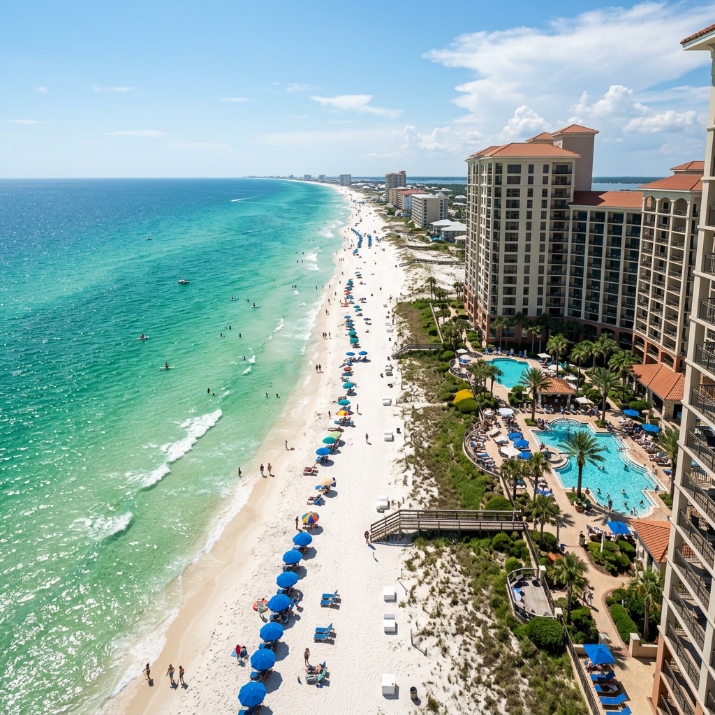 Beach resort with sandy shore, blue ocean, beach umbrellas, and swimming pools